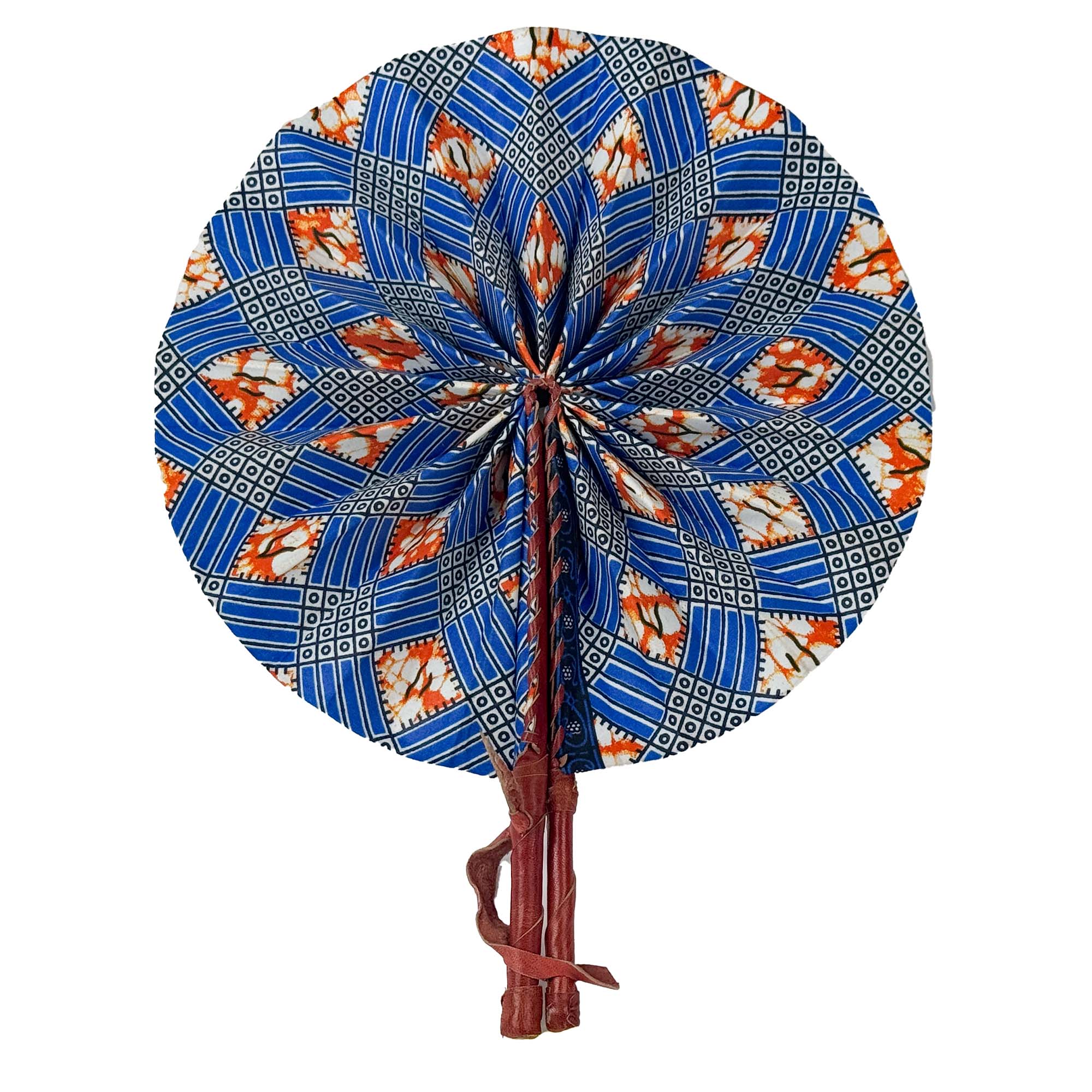 Global Crafts - Wholesale Handheld Folding Fan - Kenya Bright Kitenge Fan with Leather Handle2