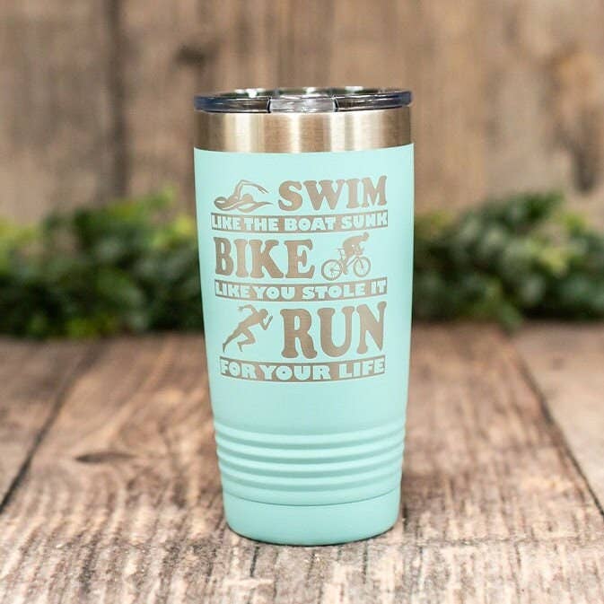 Swim Bike Run Triathlon- Engraved Stainless Steel Tumbler for wholesale by 3C Etching