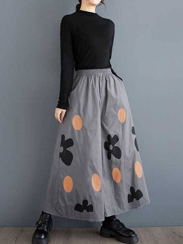 VividLux - Wholesale Pants - Women's - Loose Wide Leg Elasticity Flower Print Pockets Culotte Pants10