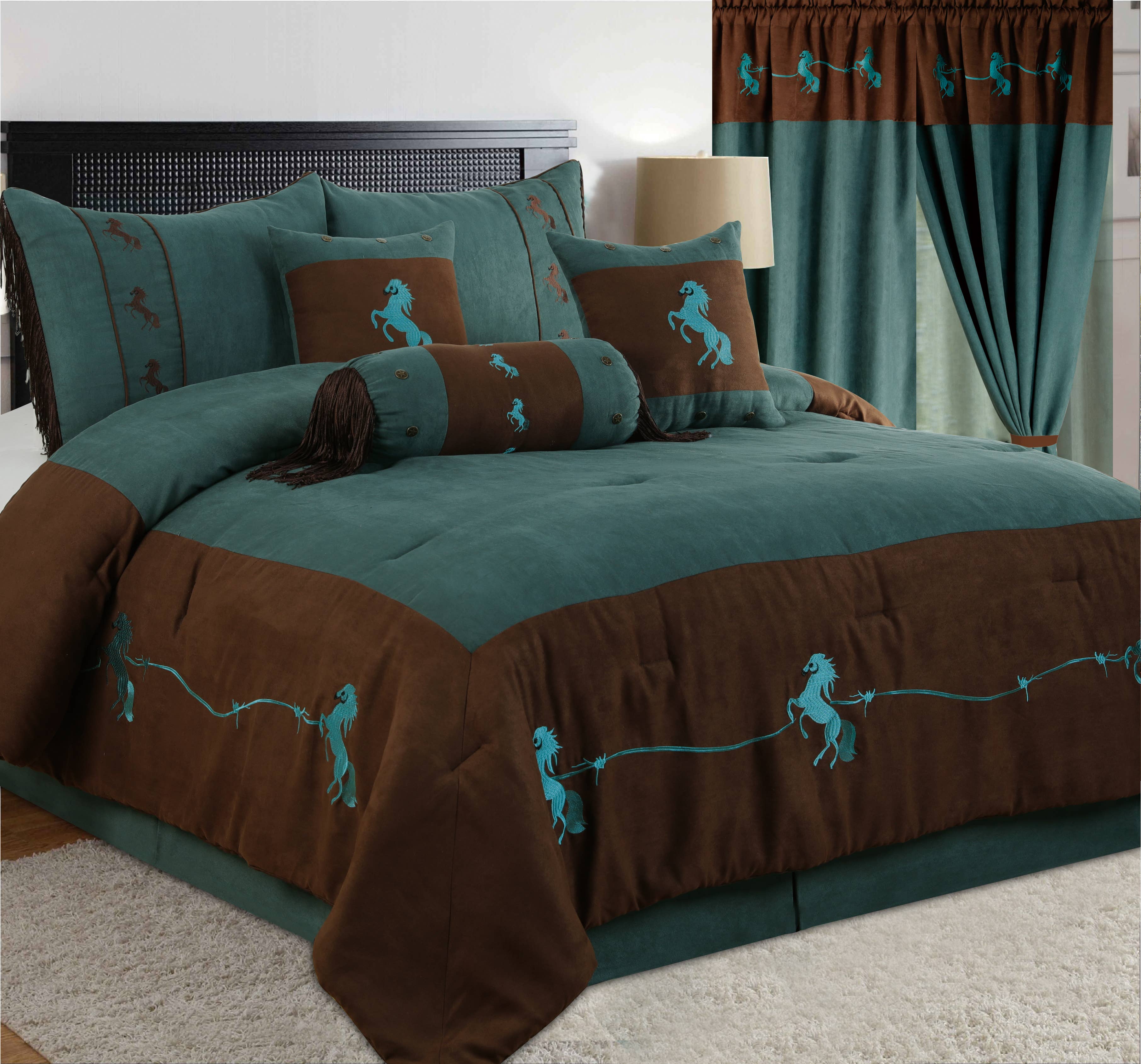 Rustic Brown+Turquoise Embroidery Texas Star Western Luxury Comforter Suede 7Pc 