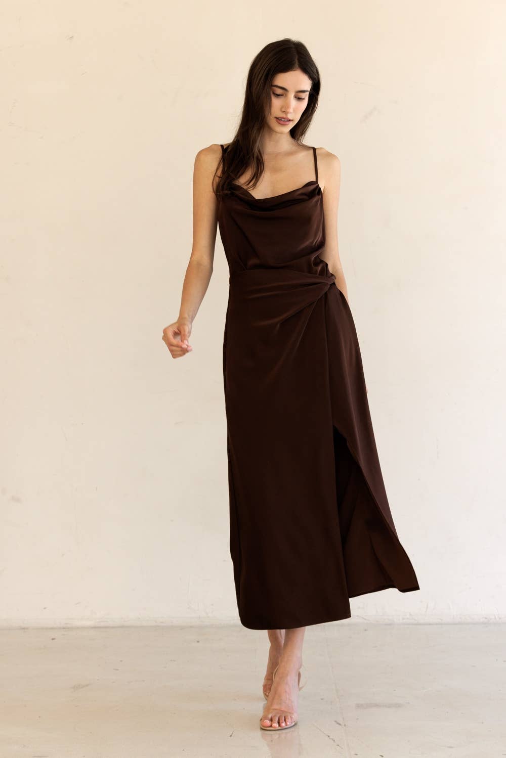 BROWN JD6761-1-COWL NECK MIDI DRESS for wholesale on Faire2