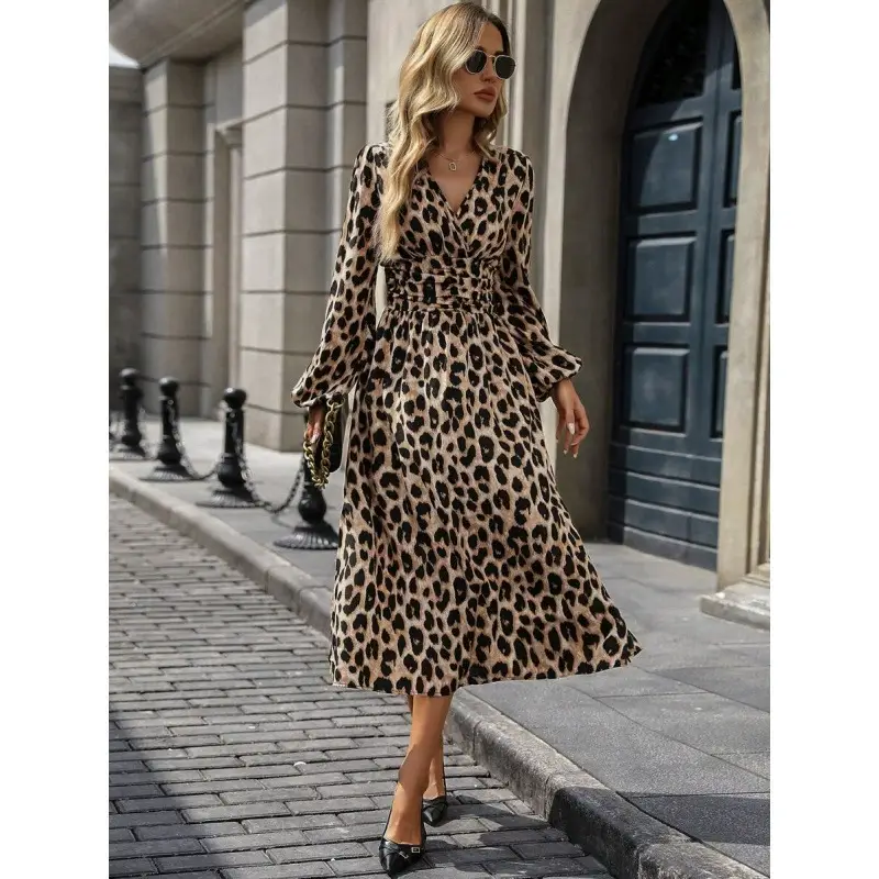 ElevateWell - Wholesale Dress - Women's - Women's long sleeve maxi dress with leopard print and V-neck3