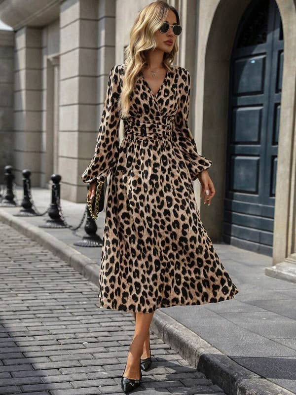 ElevateWell - Wholesale Dress - Women's - Women's long sleeve maxi dress with leopard print and V-neck3