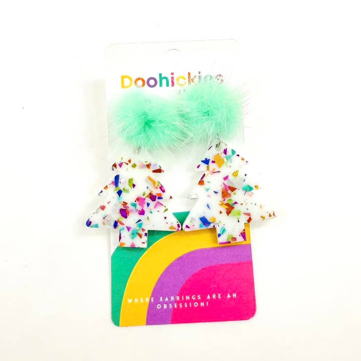Doohickies - Wholesale Dangle Earrings - Pom Pom Chunky Glitter Christmas Trees Acrylic Earrings2