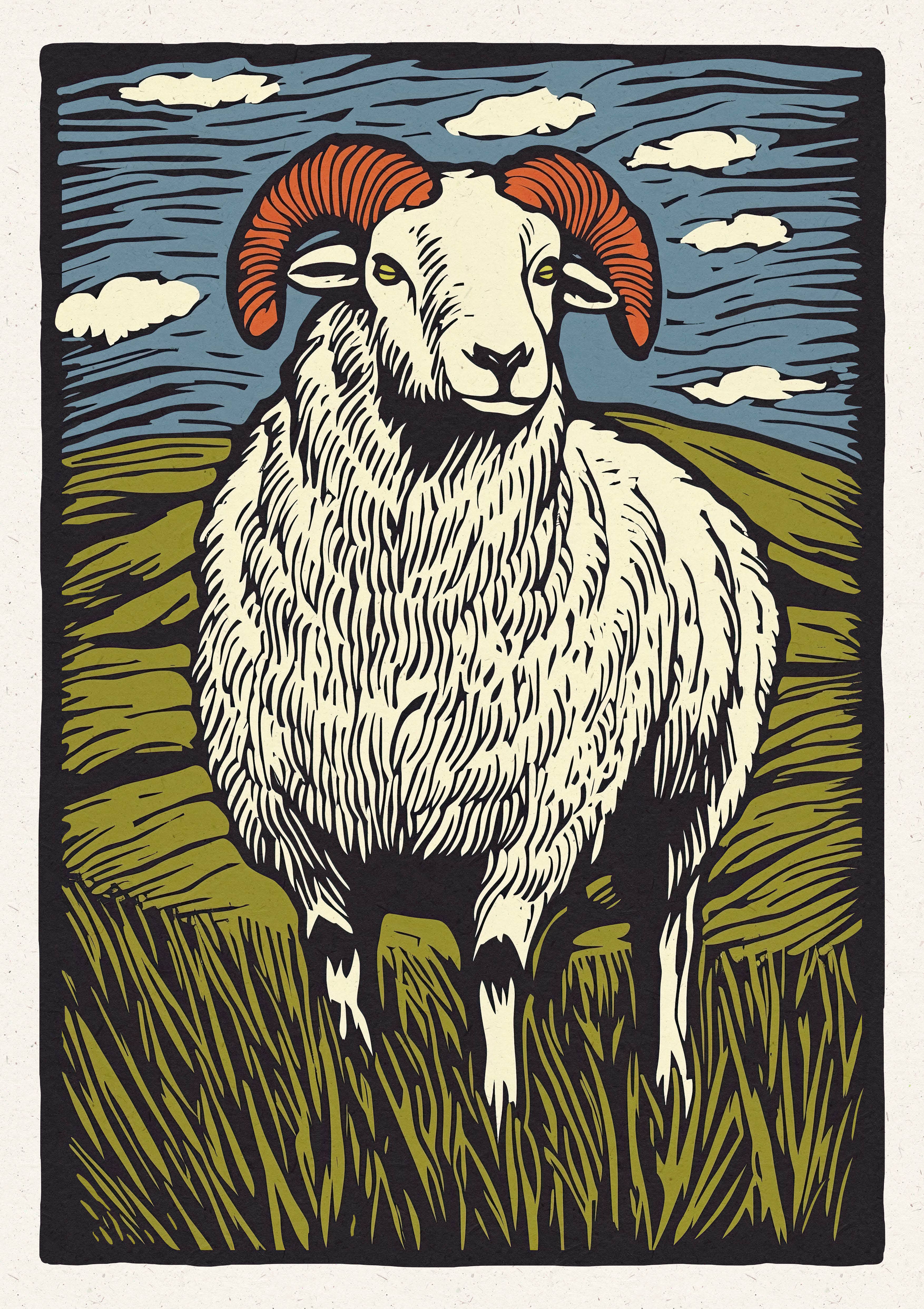 Printagonist – wholesale Art print – Sheep Lino Cut Style Wall Art Print – A4 & A3 Poster1