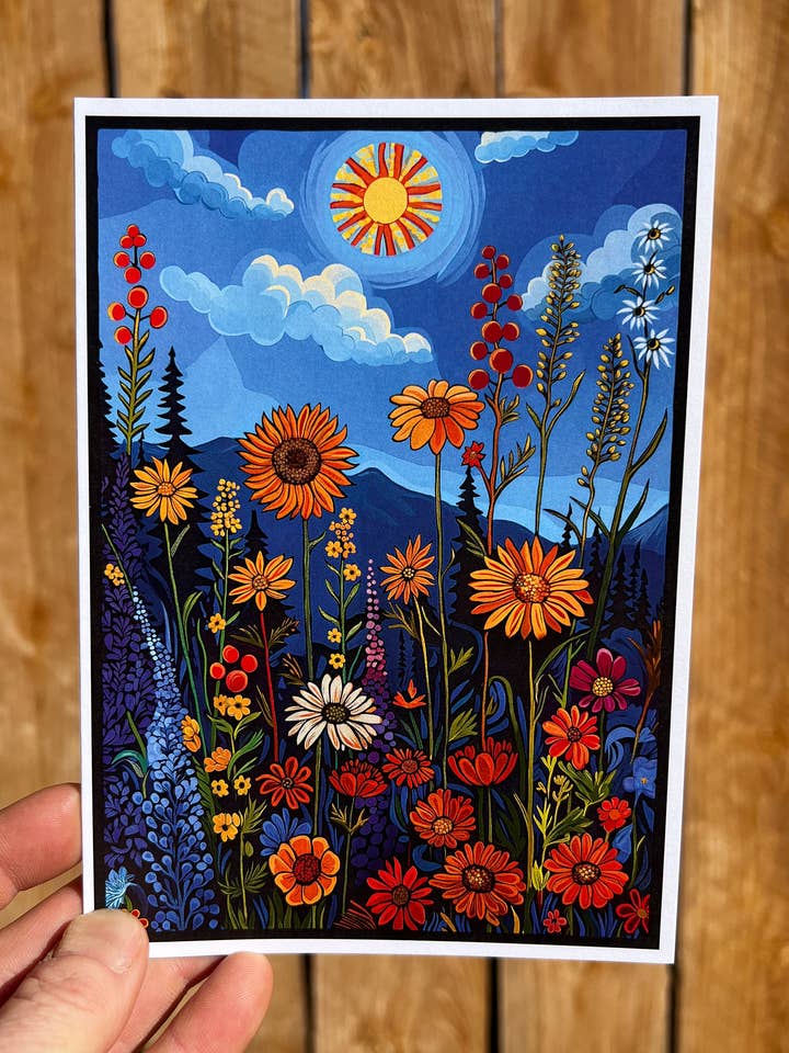 Wildflower Mountain Sun Greeting Card - Nature Art Blank for wholesale by Leafy Greeting Cards