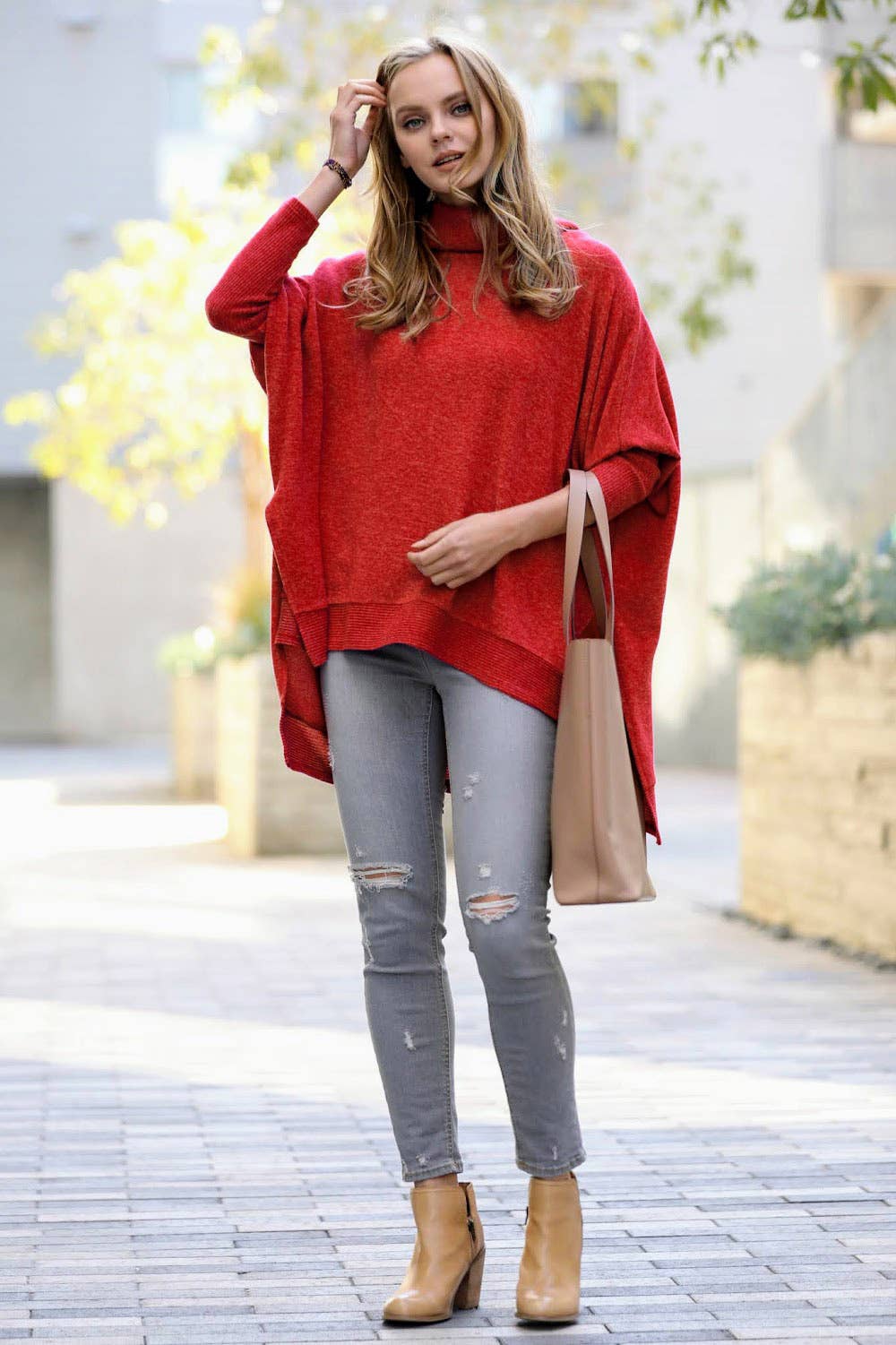 42POPS – wholesale Poncho - Dam – ...._ Borstad Melange Polokrageponcho Hi-low Tröja10