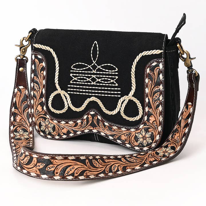 ADBGA687 Western Crossbody Flap Tas met Gegraveerde Leren Band & Touwsteek Borduurwerk voor wholesale door LS Western