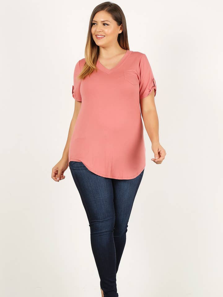 T-shirt a tunica con scollo a V e tasca PL2187P-T per la vendita all'ingrosso da parte di Haute Fox Plus Size & Contemporary
