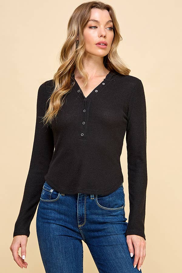 Heart & Hips - Wholesale Hoodie - Women's - RH51821L - DEEP HENLEY SNAP BUTTON HOODIE BRUSHED HACCI RIB 1