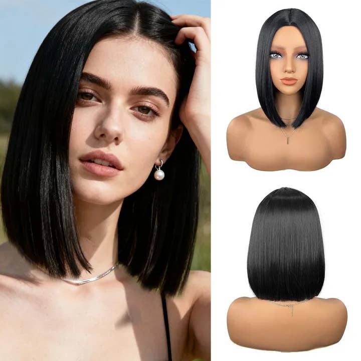 Black Straight Bob Synthetic Wig with Center Part and Sleek Finish for wholesale on Faire0