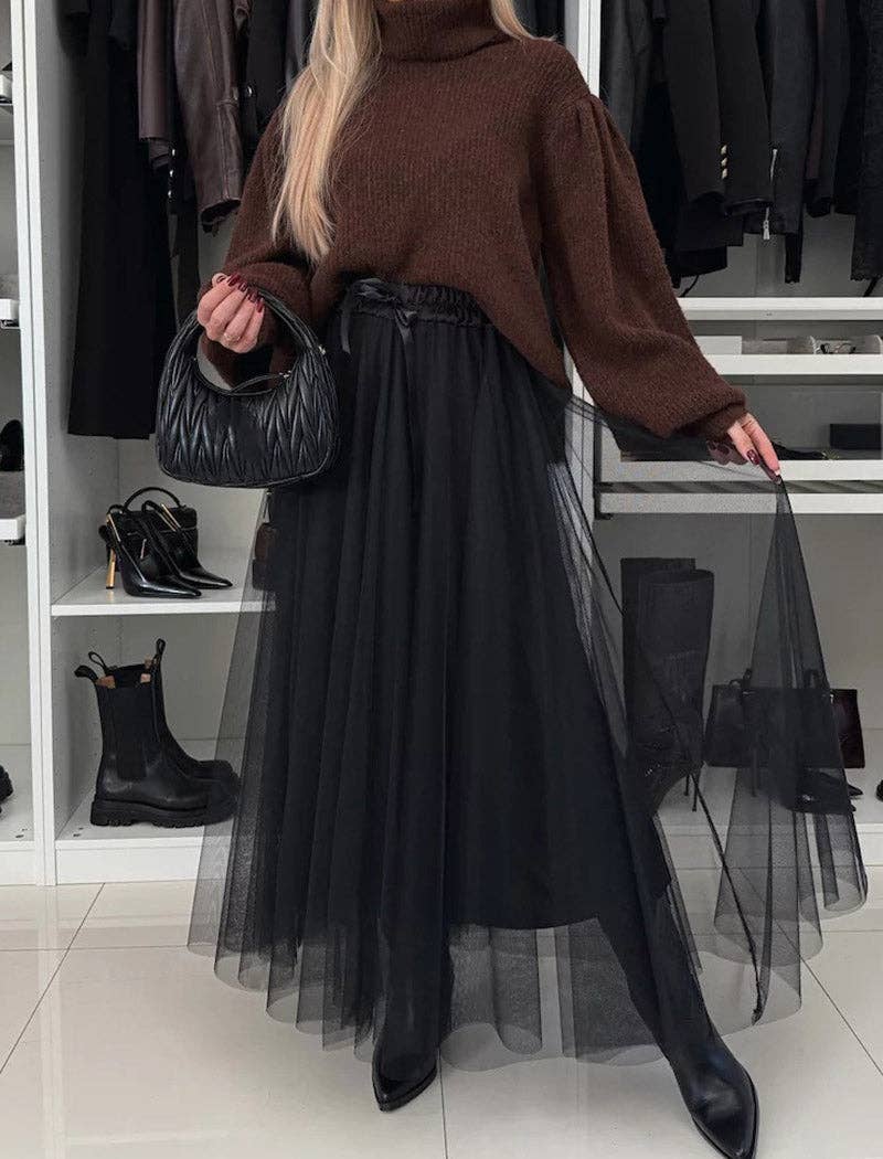 safistyle – Saia - Mulher por atacado – Saia Maxi Sobreposição de Tule com Cintura de Fita2