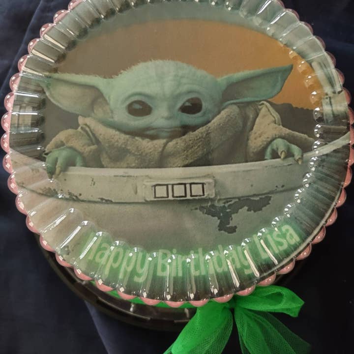 Hey Sugar Cotton Candy – wholesale Cake/cupcake topper – 7 inch Baby Yoda Cotton Candy Cake with Edible Icing Image Cake Topper, fully customizable & personalzed for ANY occasion!2