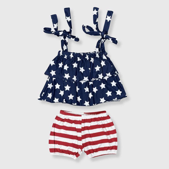 ILTEX Apparel - Wholesale Top & Short Set - Kids - Patriotic Stars and Stripes Cold Shoulder Outfit Kids