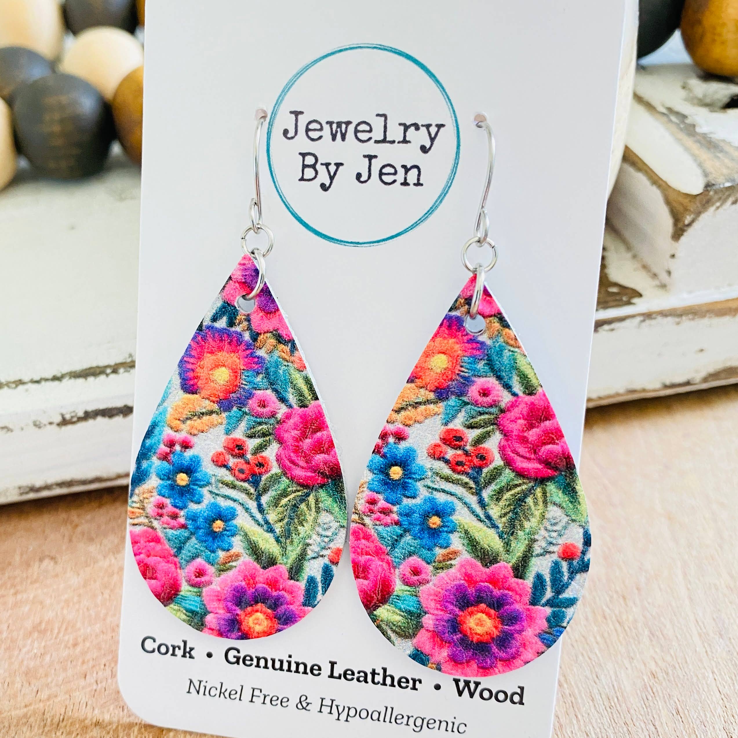 Jewelry By Jen - Wholesale Dangle Earrings - Medium Teardrop Earrings: Bright Folk Floral1