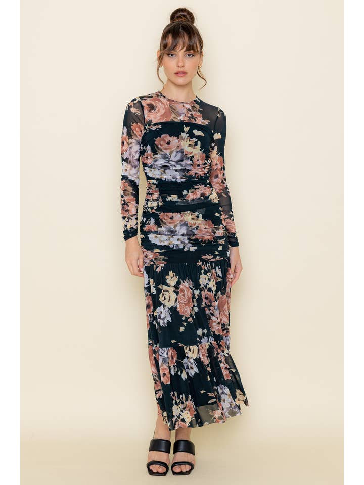BLACK MULTI FLORAL MESH SIDE SEAM GATHERED MAXI DRESS-DC8836FO for wholesale on Faire