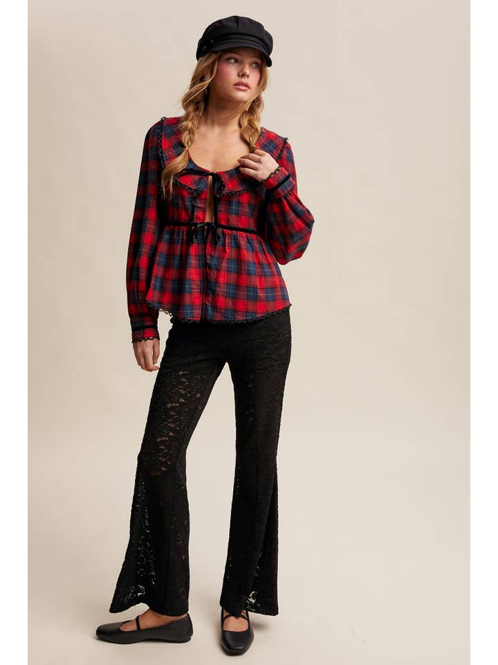 Listicle - Wholesale Blouse - Women's - Plaid Velvet Trim Holiday Blouse LT14467