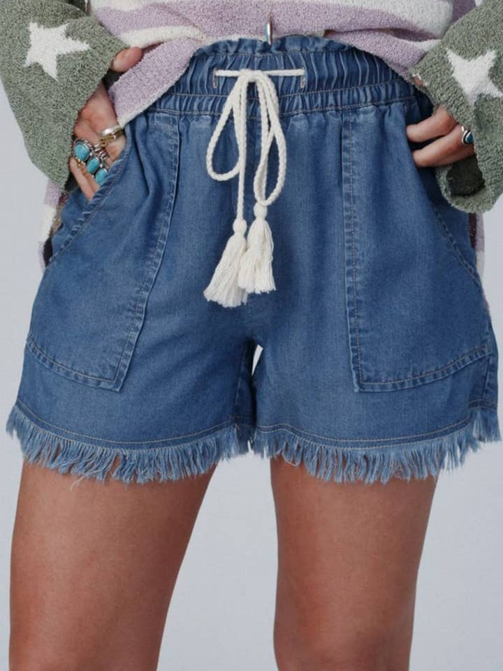 Ruwe Hem Trekkoord Hoge Taille Denim Shorts met Zakken voor wholesale door React Activewear