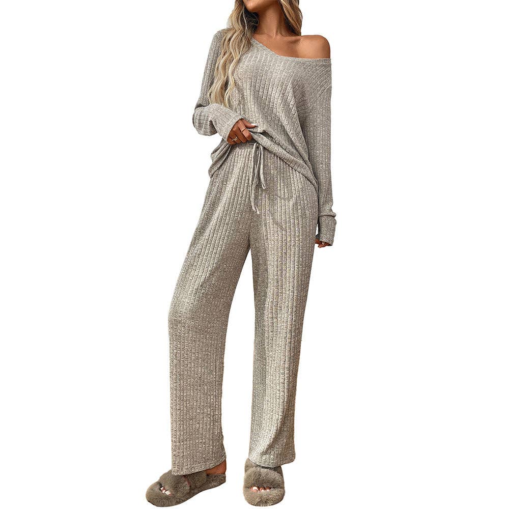 Lovesoft - Wholesale Lounge Set - Women's - Ribbed Knit Lounge Set with V Neck and Wide Pants8