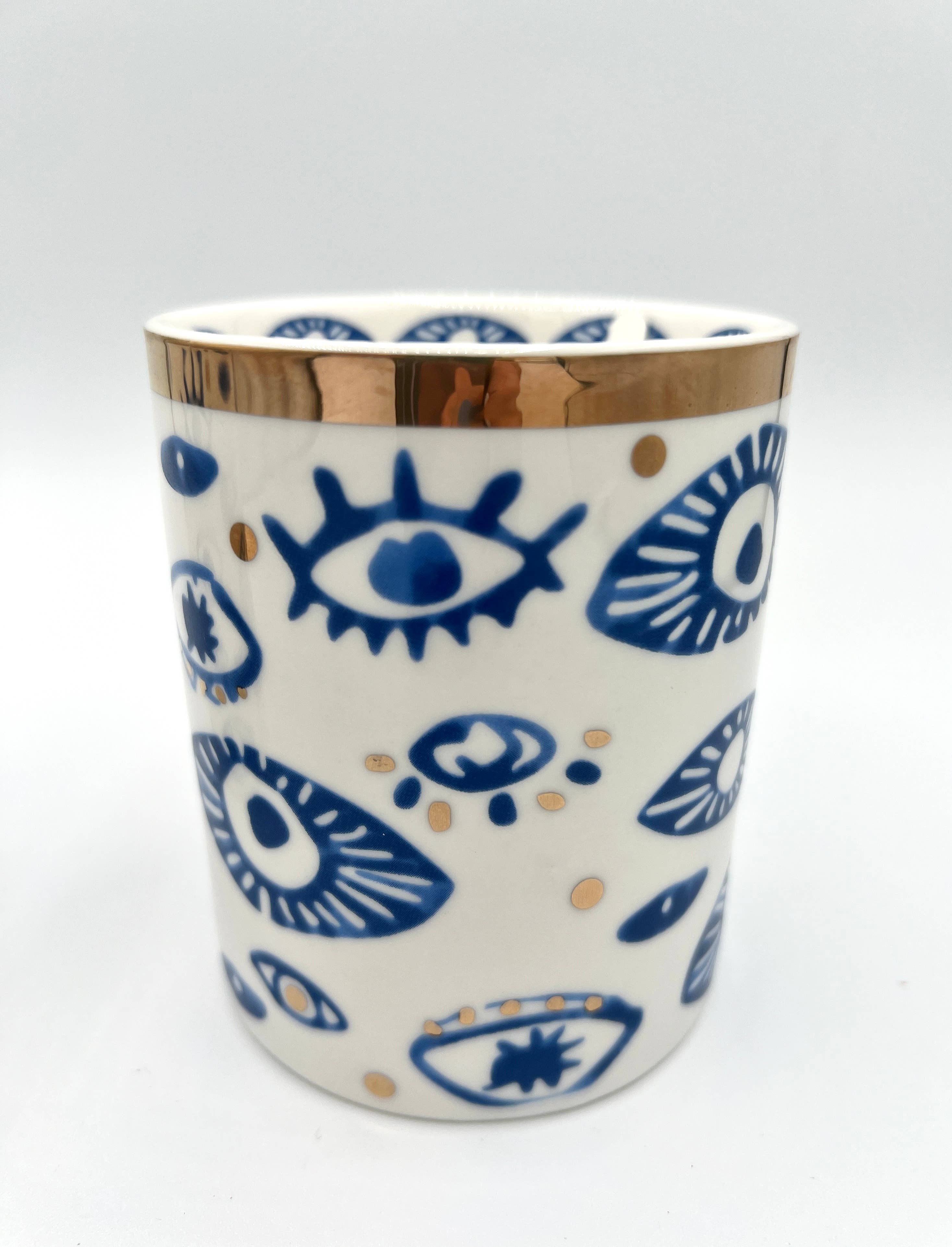 The Sacred Wild Candle Co - Wholesale Novelty Candle - NEW! Beautiful Gold, Blue & White Ceramic "Evil Eye" Candle 10