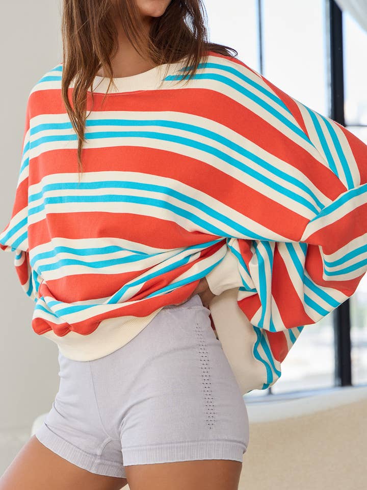 BUCKETLIST - Wholesale Sweatshirt - Women's - T2334-1 Striped Terry Oversized Sweatshirt Top6