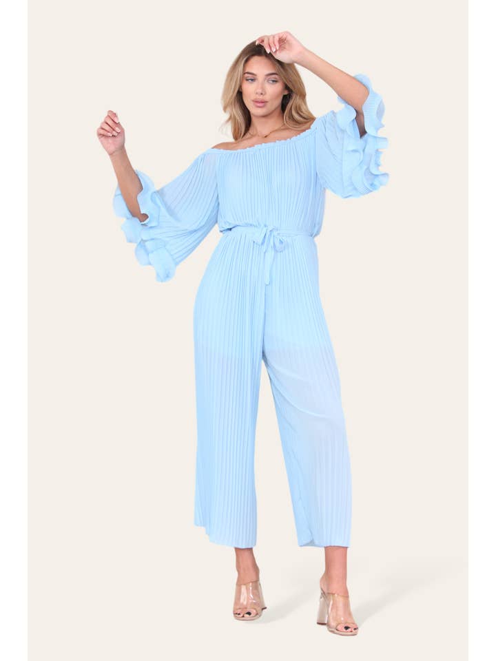 WHITE Sofia Bardot Pleated Frill Jumpsuit for wholesale on Faire30