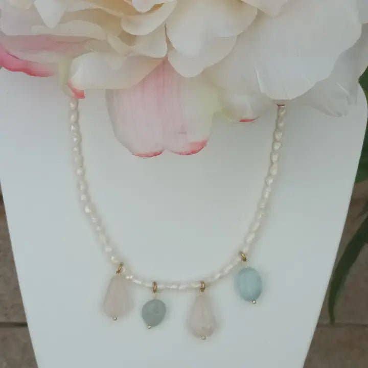 OE! - Wholesale Beaded/Pearl Necklace - SPRING – Necklace with Aquamarine, Rose Quartz, and Pearls3