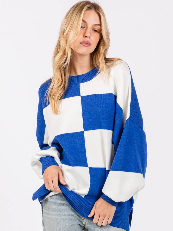NAVY ORANGE GAME DAY CHECKERED SWEATER for wholesale on Faire29