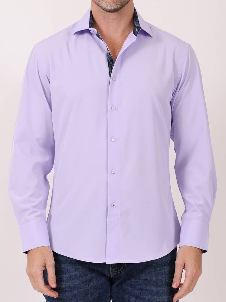 242225 - Fliederfarbenes Langarmhemd mit Knopfleiste für den Großhandel von Bespoke Moda