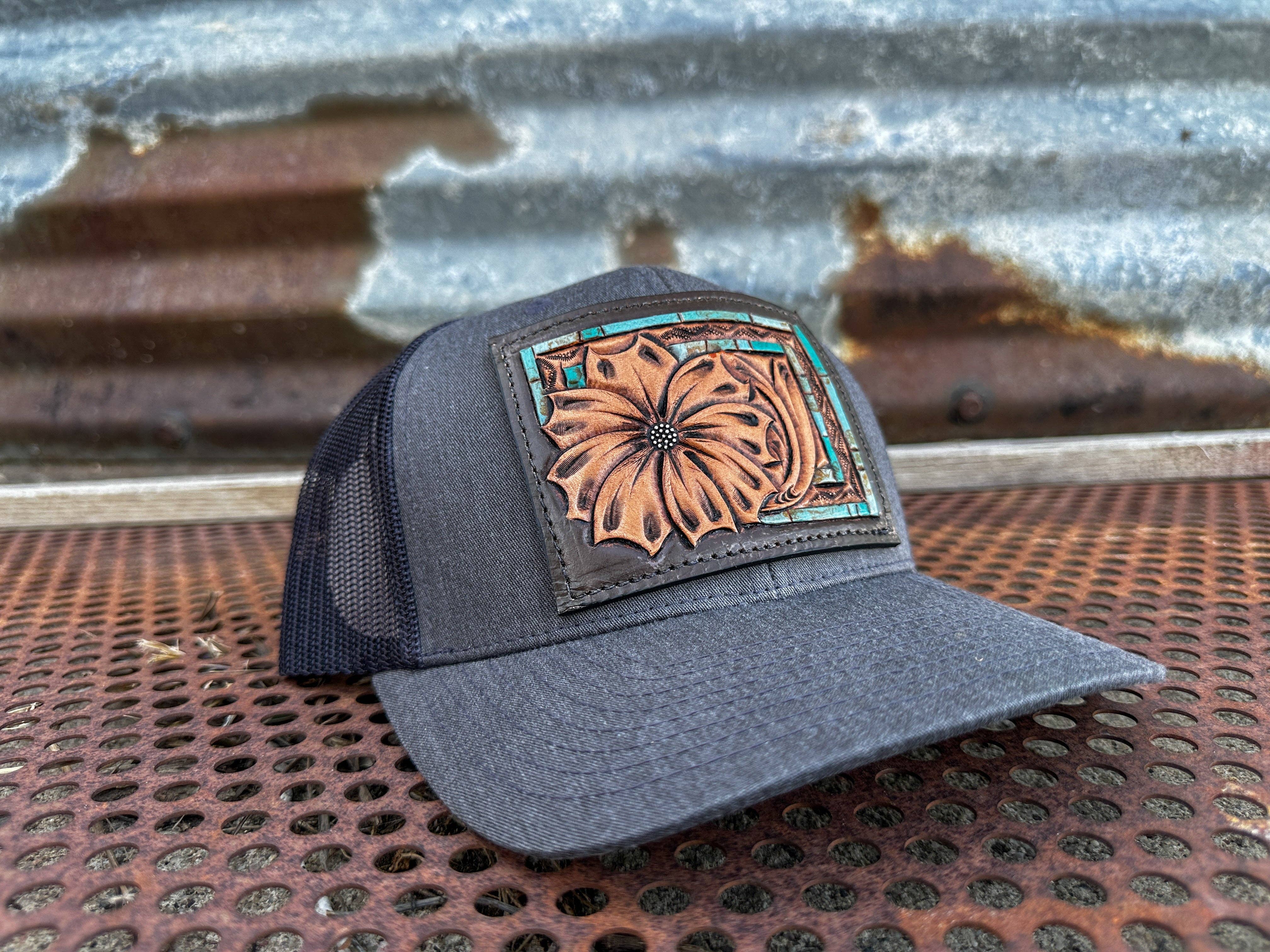 The Rodeo Rose – wholesale Trucker hat – Women’s – Daisy Handtooled Leather Patch Cap with Turquoise Southwestern Border Cowgirl Rodeo Western Cowboy2