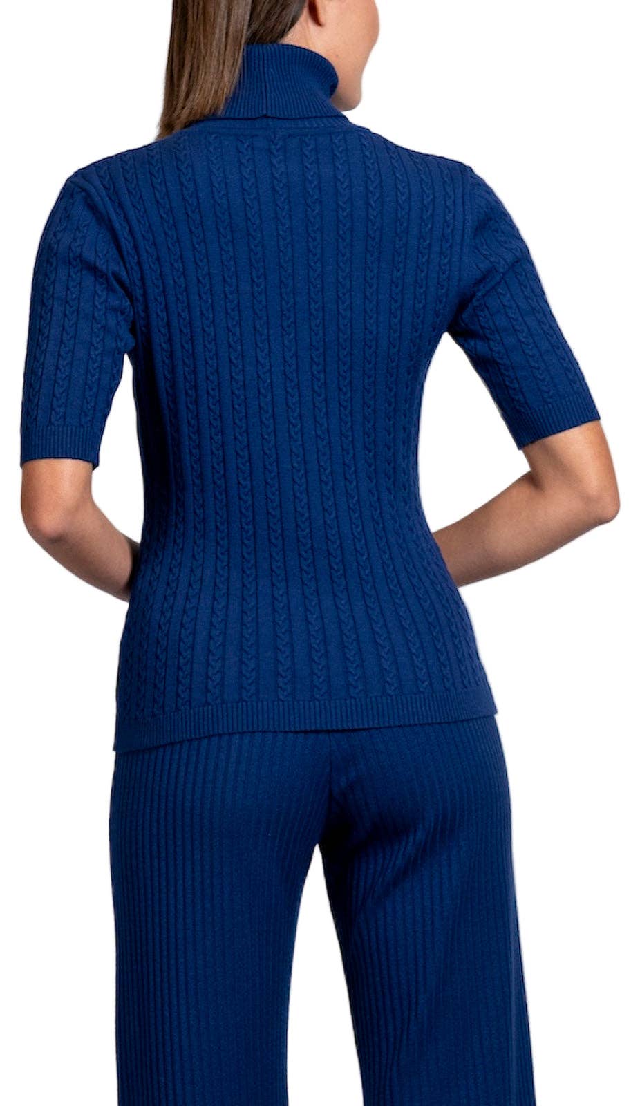 Biana - Wholesale Knit Top - Women's - Sherri Short Sleeved Cable-Knit Turtleneck, Navy1