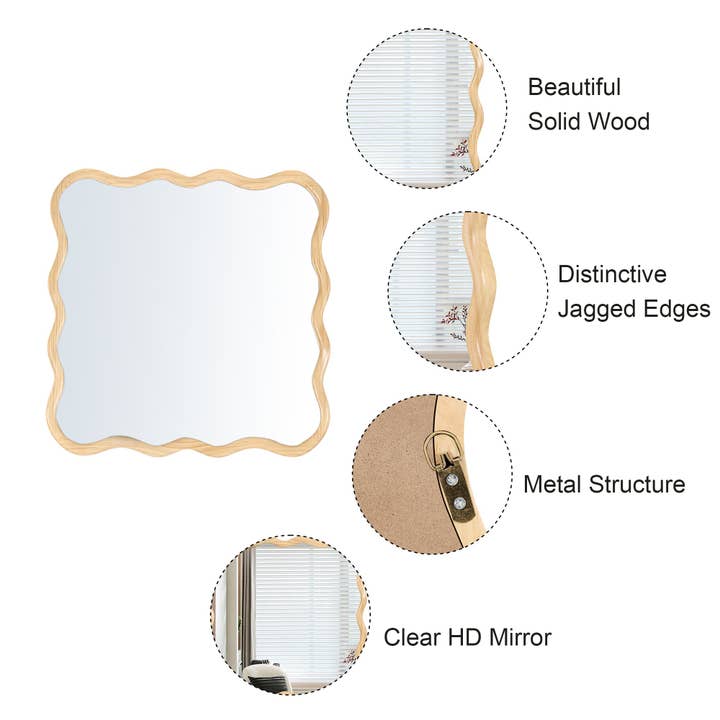 Orange County Decor - Wholesale Wall Mirror - Solid Wood Wavy Square Mirror Natural Wood 36" X 36" Modern Mirror Wall Decor For Bathroom, Bedroom, Living Room, Dining Room, Cloakroom, Entryway Natural Wood Glass Solid Wood3