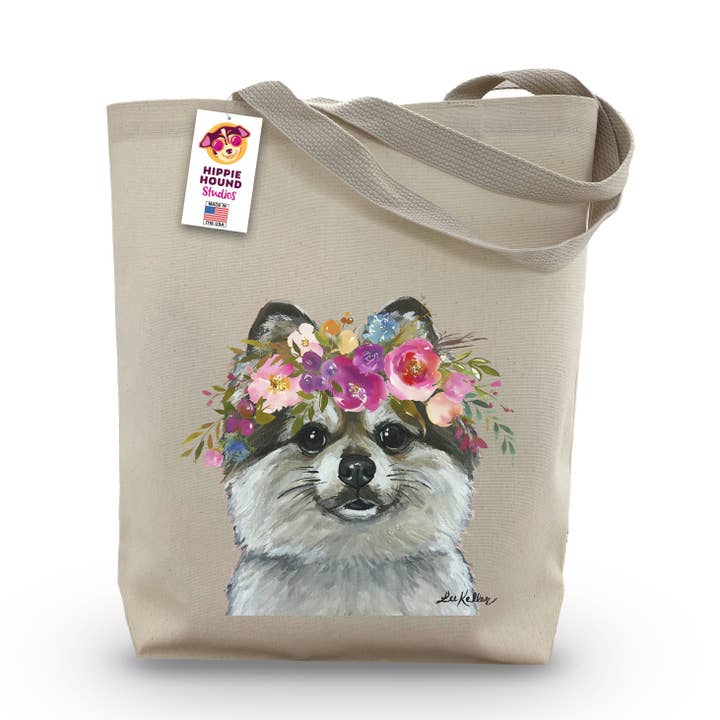 Bright Blooms Pomeranian Tote Bag, Cute Dog Tote Bag for engroshandel hos Hippie Hound Studios