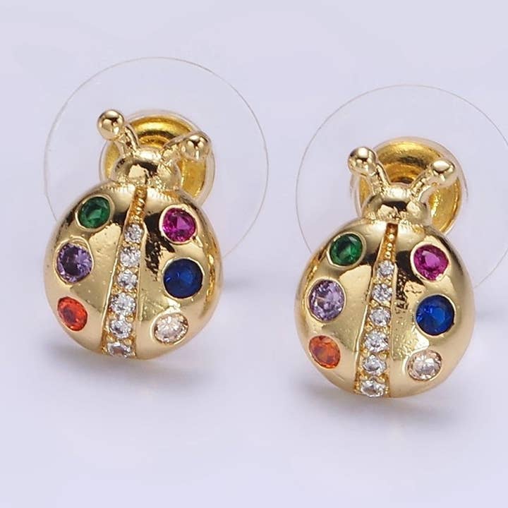14K Gold Filled Multicolor CZ Ladybug Insect Stud Earrings | AE861 for wholesale by Aim Eternal