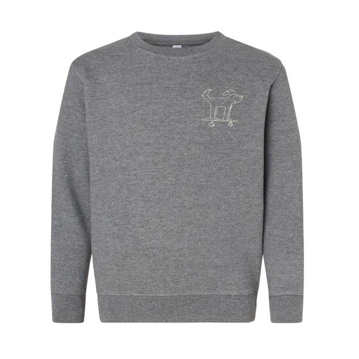 Embroidered Skateboarding Dog Kids Crewneck for wholesale by The Communitee Project