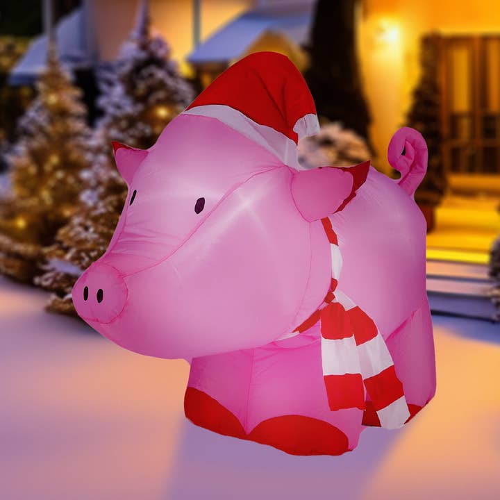 Alpine Corporation - Wholesale Christmas Decoration - Inflatable Pink Pig with Santa Hat Decor and LED LIghts0