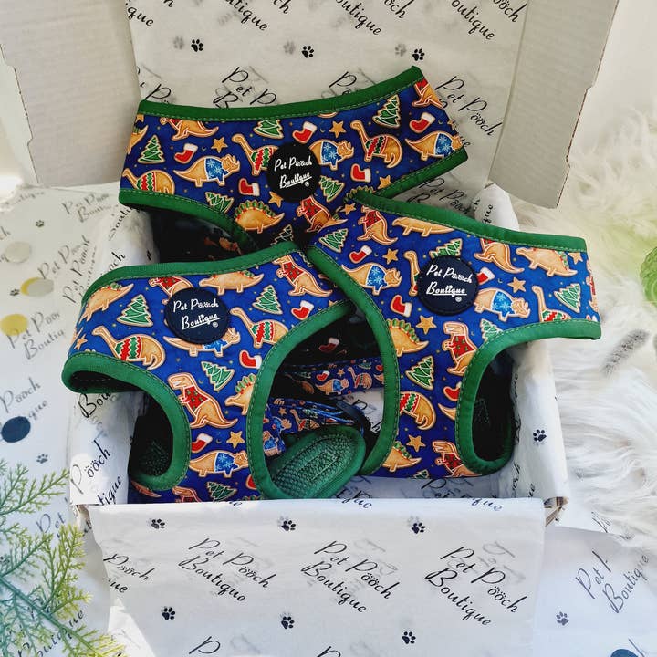 Christmas Dino Rawr Biscuits Dog Harness - Blue Dinosaur for wholesale by Pet Pooch Boutique