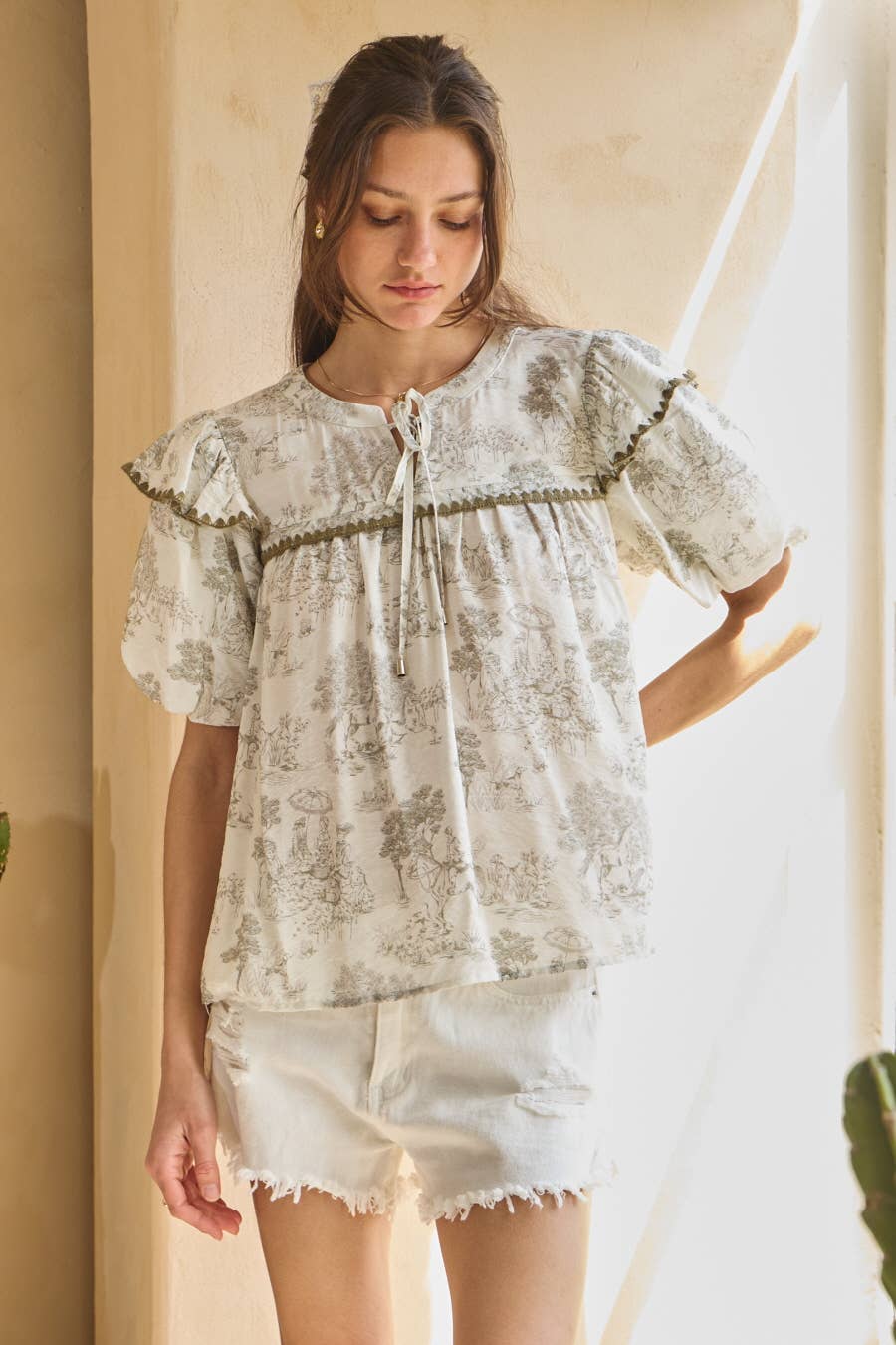 Gris Multi Blusa con Mangas Abullonadas Estampada Toi De Paris de venta al por mayor en Faire3