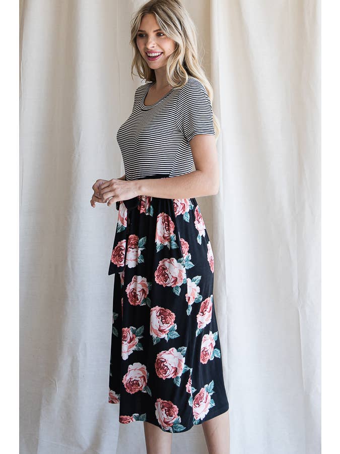 7th Ray - Wholesale Dress - Women's - Floral Waist Tie Short Sleeve A-Line Midi Dress D419916