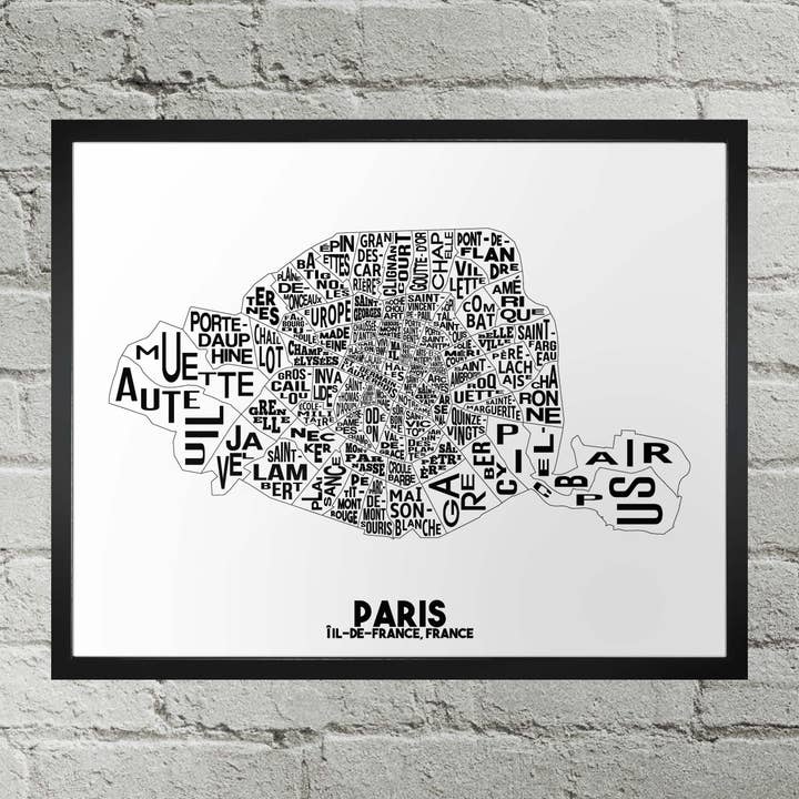 Paris France Districts Typography City Map Print for wholesale by Damon D Chan