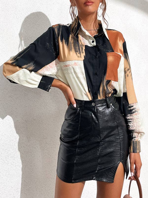 BLACK Long Sleeves Loose Asymmetric Printed Split-Joint Lapel Blouses&Shirts Tops for wholesale on Faire1