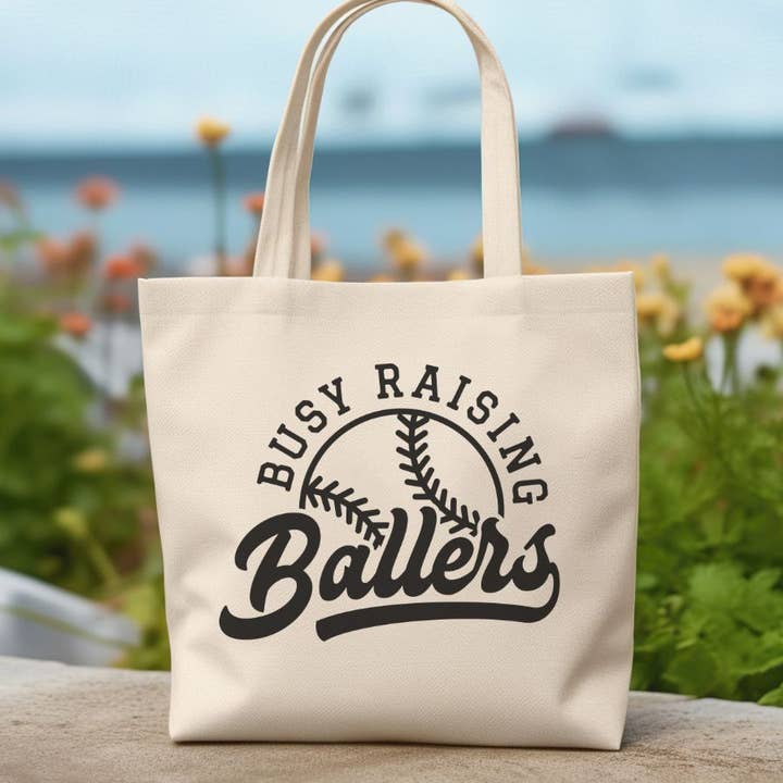 Sister Ray - Wholesale Tote Bag - Women's - Busy Raising Ballers Softball Baseball Mom Canvas Tote Bag