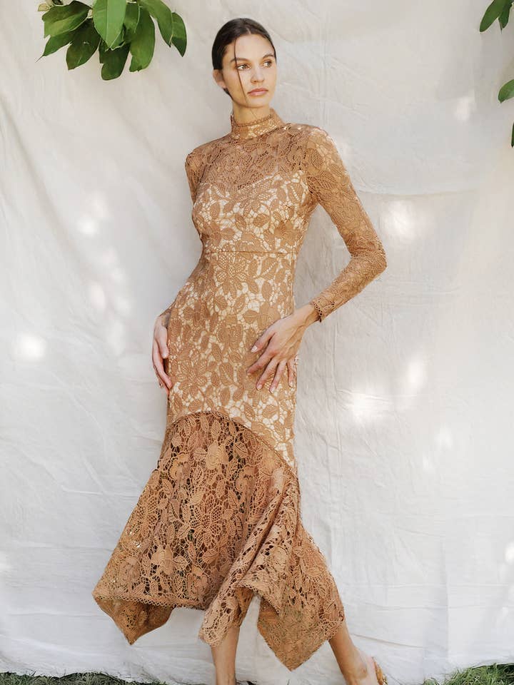 Endless Blu - Wholesale Dress - Women's - Floral Lace Mock Neck Midi Dress2