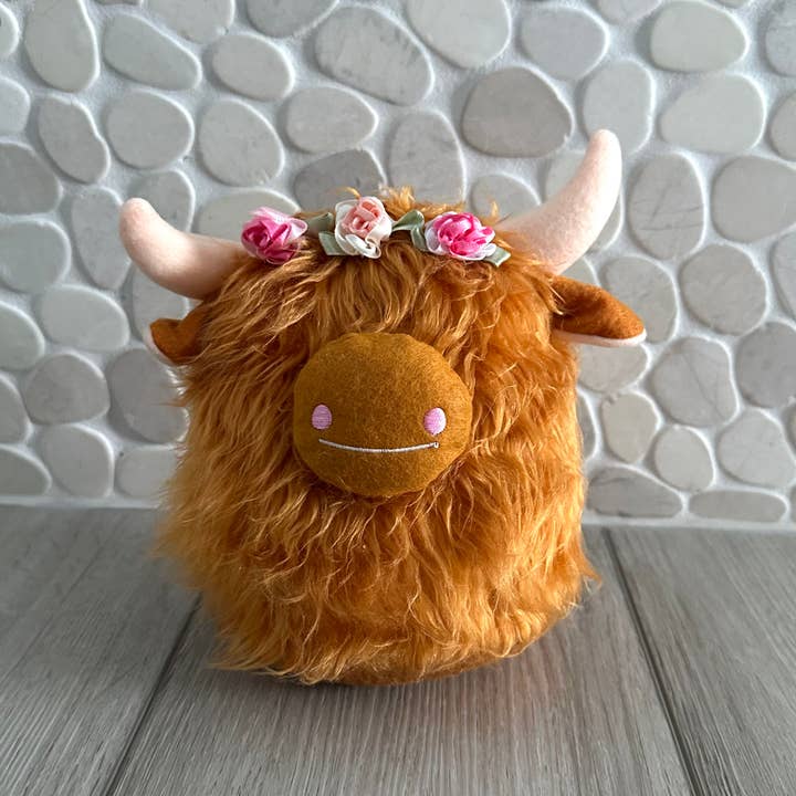 iconic mi - Vente Peluche – enfant et bébé - Vache Highland avec Fleur de Marguerite Rouillée