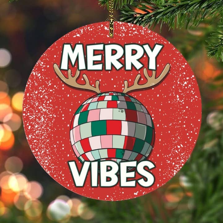 merry vibes mirror ball reindeer Christmas 2024 ornaments for wholesale by on the Bayou