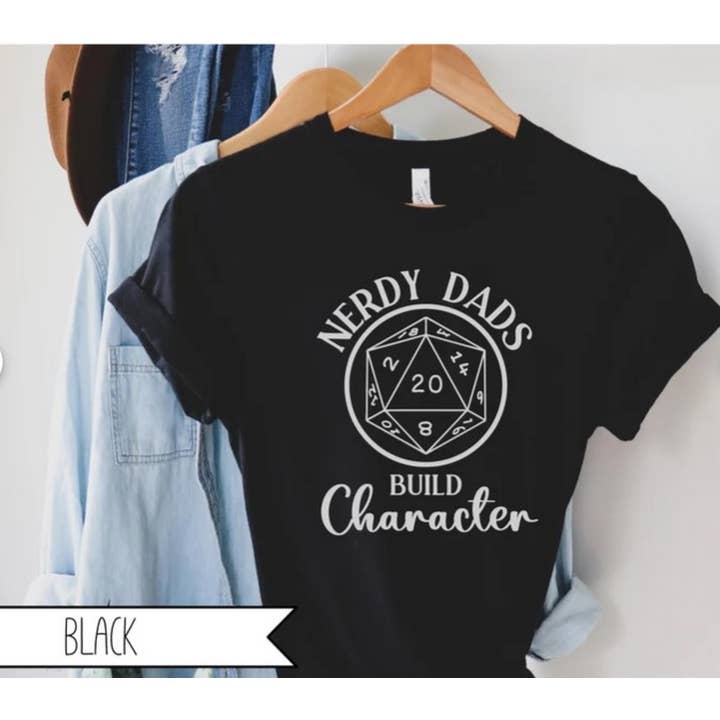 Black Nerdy Dads Build Character Shirt, Gamer Graphic Tshirt, DnD for wholesale on Faire