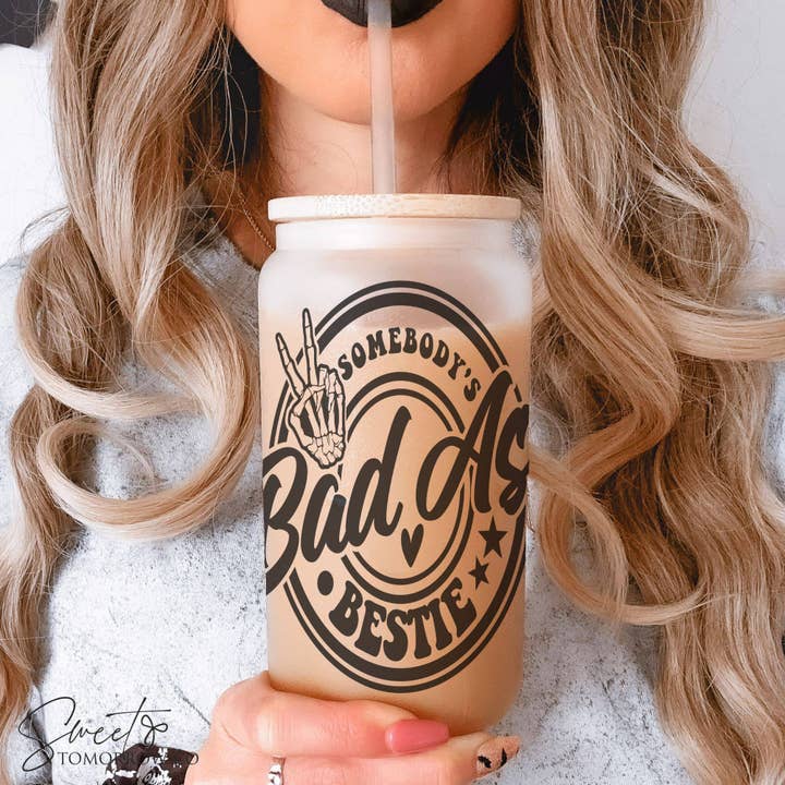 Badass Bestie Glass Tumbler Funny BFF Gift Wholesale Cup for wholesale by Cataleya Designs Studio LLC