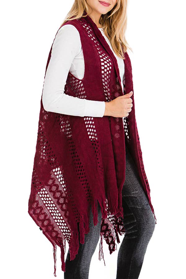 Cap Zone - Vendita all'ingrosso Gilè imbottito - Donna - Gilet lungo cardigan lavorato a maglia con frange lavorate all'uncinetto15