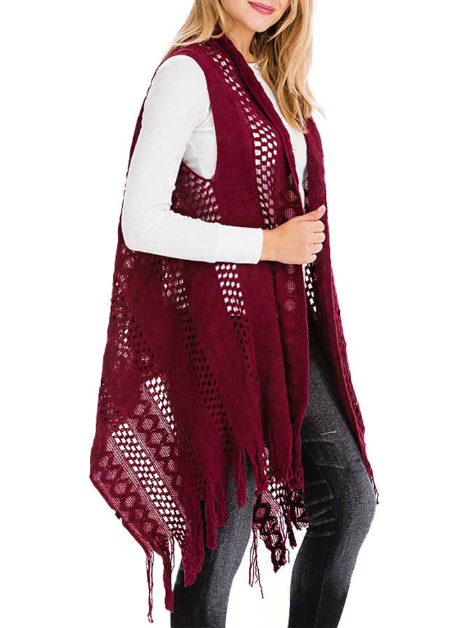 Cap Zone – Colete - Mulher por atacado – Cabo Crochet malha franja guarnição Cardigan Long Vest0