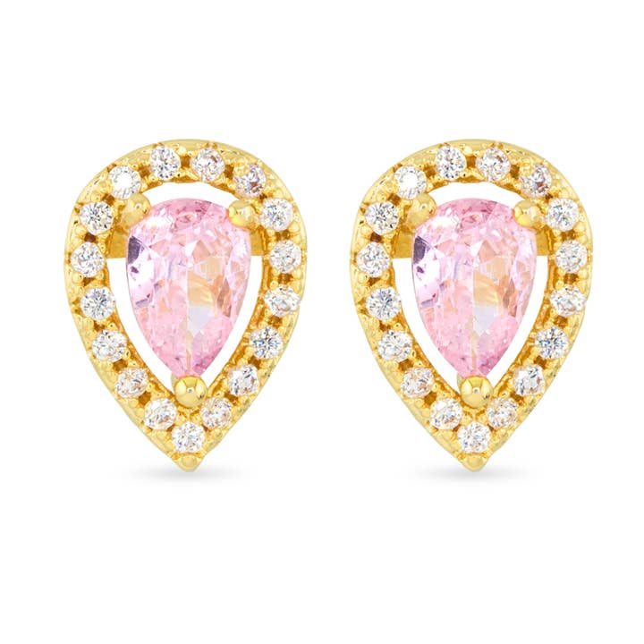 Pink Pear Halo Earring - Gold for wholesale by Amanda Blu